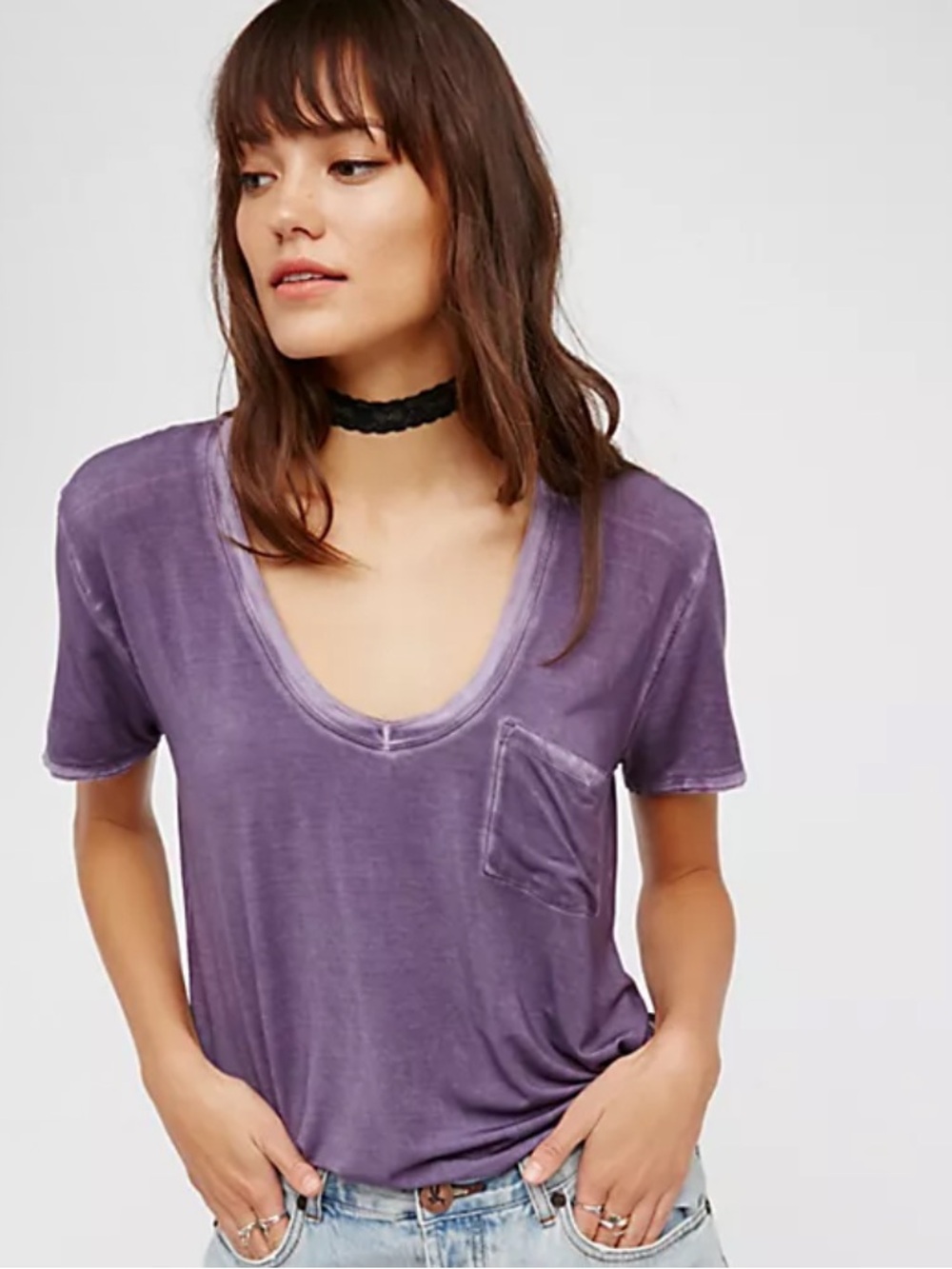 We The Free Washed Purple Scoop Neck Pocket Tee